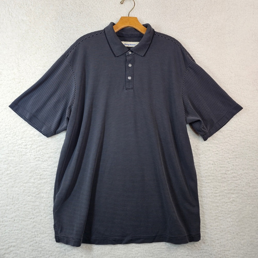 Tommy Bahama Mens Short Sleeve Polo Shirt Charcoal Black Striped Modal Blend XL